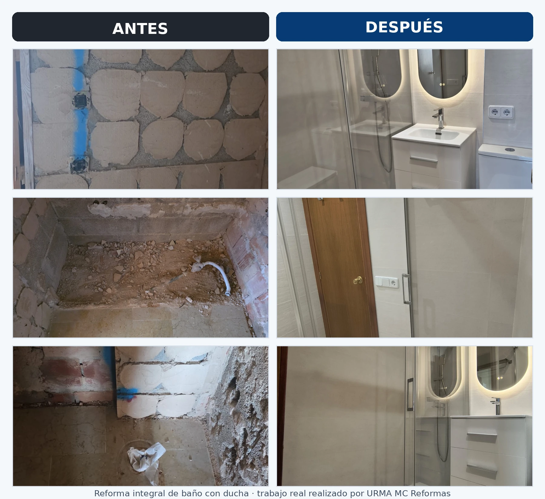 Antes y después de un baño con ducha reformado por URMA MC Reformas en Mallorca